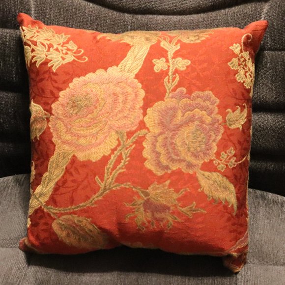 Floral Design Pillow Red, Gold, Green, Pink Fabric Colors 9 3/4" x 9 3/4" x 4" - Picture 1 of 4